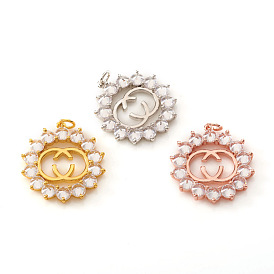 Brass Micro Pave Cubic Zirconia Pendants, with Jump Rings, Flower, Clear