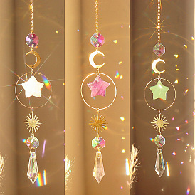 Iron Big Pendant Decorations, Star Natural Gemstone Hanging Sun Catchers, with Brass Finding, for Garden, Wedding, Lighting Ornament