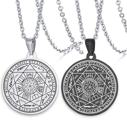 Tetragrammaton Stainless Steel Pendant Necklaces for Men, Flat Round with Star of David