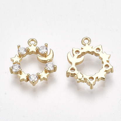 Brass Cubic Zirconia Charms, Star and Moon, Clear, Real 18K Gold Plated