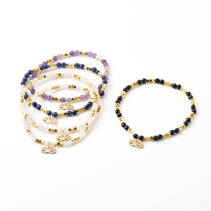 Brass Lotus Stretch Charm Bracelets, with Non-magnetic Synthetic Hematite & Natural Mixed Gemstone Beads, Golden