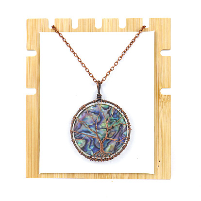 TikTok Synthetic Abalone Shell Tree of Life Disc Pendant Necklace Fortune Tree Wrapped Wire Round Necklace N616