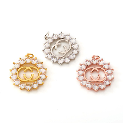 Brass Micro Pave Cubic Zirconia Pendants, with Jump Rings, Flower, Clear