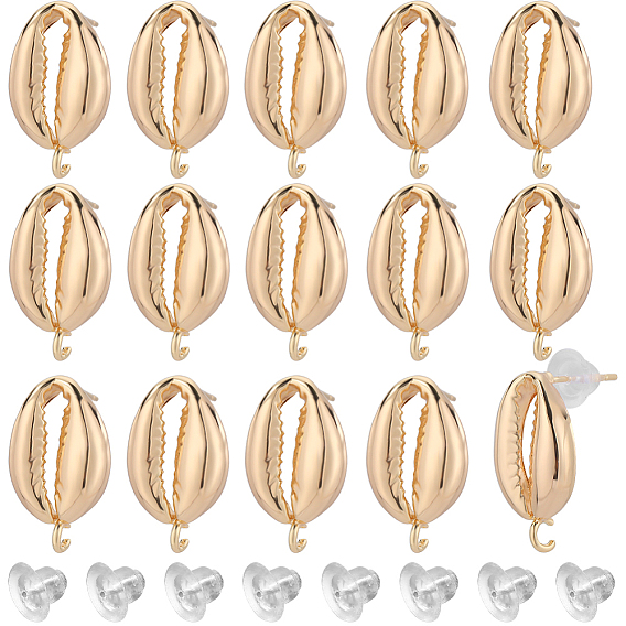 16 шт. латунные серьги-гвоздики, с вертикальной петлей, форма раковины каури, с 20 пластиковыми ушными гайками