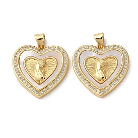 Brass Micro Pave Cubic Zirconia Pendants, with Shell, Heart