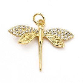 Brass Micro Pave Cubic Zirconia Pendants, with Jump Ring, Real 18K Gold Plated, Dragonfly