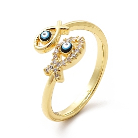 Cubic Zirconia Jesus Fish with Enamel Evil Eye Open Cuff Ring, Brass Jewelry for Women