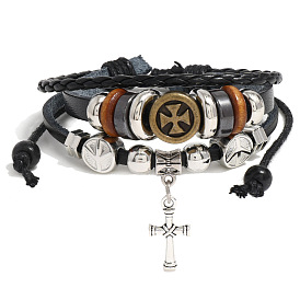 Vintage Cross Leather Bracelet with Beads - Men's Handmade Multi-layered Wristband