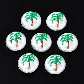 3D Printed ABS Plastic Imitation Pearl Beads, Flat Round with Coconut Tree