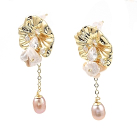 Boucles d'oreilles pendantes en feuille de lotus en laiton, boucles d'oreilles pompon perle naturelle pour femme