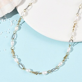 Halsketten aus natürlichen Süßwasserzuchtperlen und Reisperlen, 304 Edelstahlschmuck für Damen, weiß
