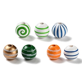 Printed Wood European Beads, Round with Stripe Pattern