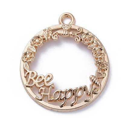 Zinc Alloy Open Back Bezel Pendants, For DIY UV Resin, Epoxy Resin, Pressed Flower Jewelry, Ring with Word Bee Happy
