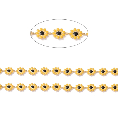 304 Stainless Steel Daisy Flower Link Chains with Enamel, Unwelded, Golden