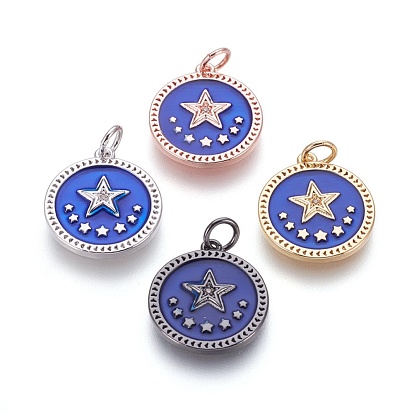 Латунные подвески эмали пентакль, с кубического циркония, плоские круглые со звездой