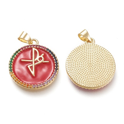 Brass Micro Pave Cubic Zirconia Pendants, with Enamel, Real 18K Gold Plated, Flat Round with Faith Cross