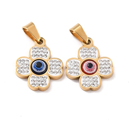 304 Stainless Steel Pendants, with Polymer Clay Rhinestone and Evil Eye Resin Round Beads, 201 Stainless Steel Bails, Clover