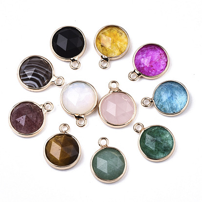 Natural & Synthetic Mixed Gemstone/Glass Charms, with Light Gold Plated Brass Edge and Loop, Half Round/Dome, Faceted