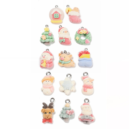 Рождественские подвески из непрозрачной смолы с эффектом флокирования, разнообразные, с железной петлей