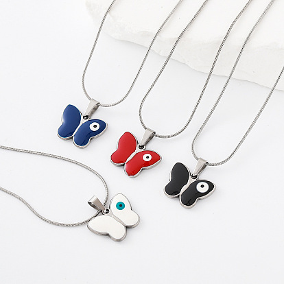 304 Collares con colgante de mariposa y ojo turco de acero inoxidable esmaltado para hombres y mujeres, color acero inoxidable