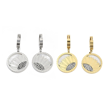 Плоские круглые серьги с подсолнухами 304 из нержавеющей стали с подвесками, серьги-кольца со стразами для женщин