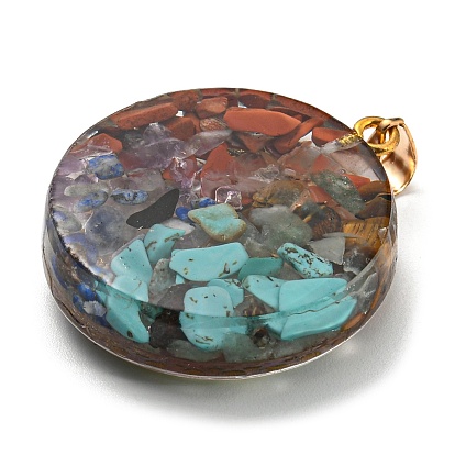Gemstone Pendants, Flat Round/Polygon Charms with Golden Plated Alloy Slice