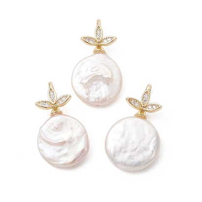 Подвески из натурального барочного жемчуга кеши, Подвески в виде монет с латунными микропаве и прозрачными фианитами в форме листа., белые