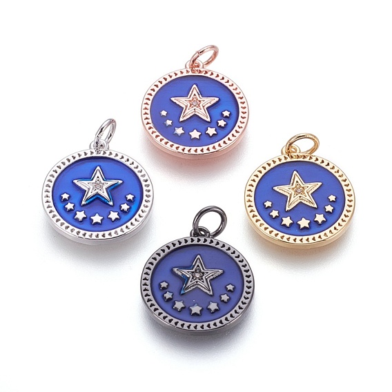Латунные подвески эмали пентакль, с кубического циркония, плоские круглые со звездой