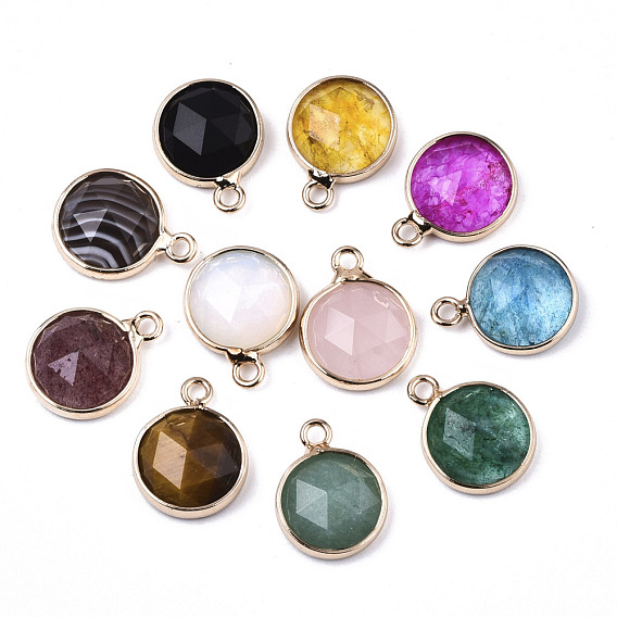 Natural & Synthetic Mixed Gemstone/Glass Charms, with Light Gold Plated Brass Edge and Loop, Half Round/Dome, Faceted