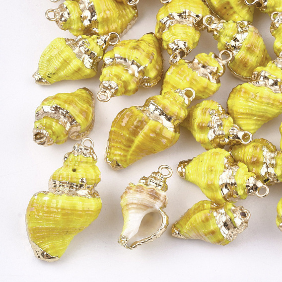 Spray Painted & Electroplate Spiral Shell Pendants, with Iron Findings, Light Gold