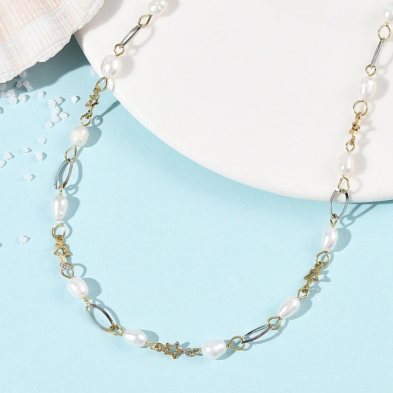 Collares de cadena de perlas de arroz cultivadas de agua dulce naturales, 304 joyas de acero inoxidable para mujer, blanco