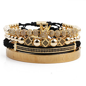 Sparkling Crown Charm Bracelet Set with 12 CZ Stones and Vintage Weave Design