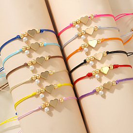 Браслеты с подвесками из искусственного жемчуга, Регулируемые латунные браслеты из плетеных бусин для женщин, сердце, с волоконным шнуром