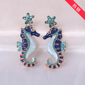 Stylish Blue Seahorse Earrings with Tassels and Rhinestones for a Unique Look