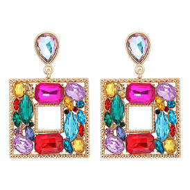 Colorful Geometric Alloy Inlaid Rhinestone Glass Stone Earrings for Women, Fashion Street Style Jewelry.