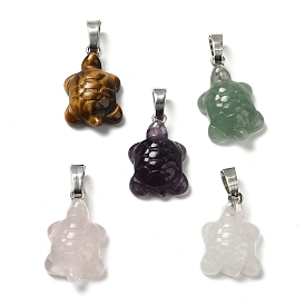 Gemstone Pendants, Tortoise Charms, with Rack Plating Platinum Plated Brass Snap on Bails