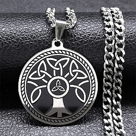 304 Stainless Steel Pendant Necklaces, Flat Round with Tree of Life and Triquetra/Trinity Knot