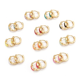 Brass Micro Pave Clear Cubic Zirconia Huggie Hoop Earrings, with Enamel, Moon, Real 18K Gold Plated
