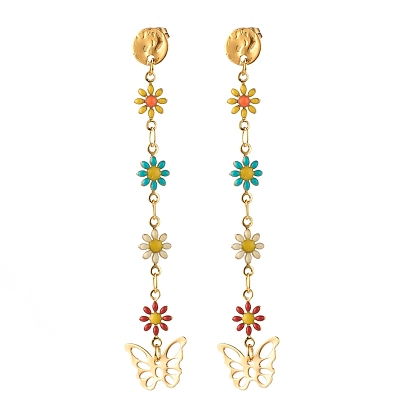 Butterfly and Flower Enamel Dangle Stud Earrings, Brass Long Drop Earrings for Women, Golden