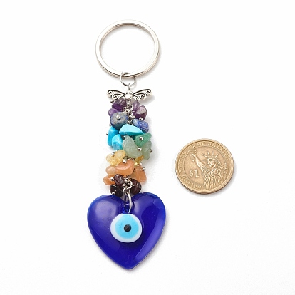 Natural & Synthetic Gemstone Beaded & Handmade Lampwork Pendants Keychain, with Brass, Iron, 304 Stainless Steel & Alloy Findings, Heart with Evil Eye