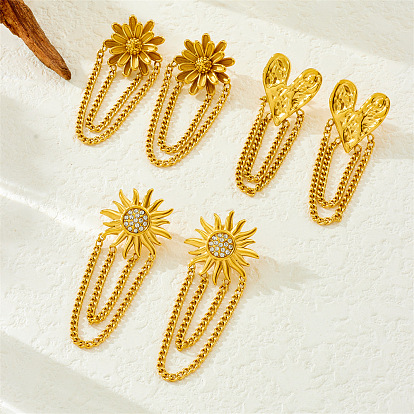 304 серьги-гвоздики с кисточками из нержавеющей стали с кубическим цирконием, золотые