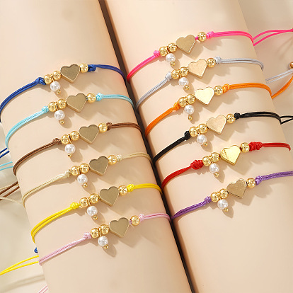 Браслеты с подвесками из искусственного жемчуга, Регулируемые латунные браслеты из плетеных бусин для женщин, сердце, с волоконным шнуром