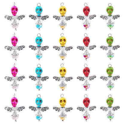 Pendentifs tête de mort ange turquoise synthétique & verre, avec les accessoires en alliage