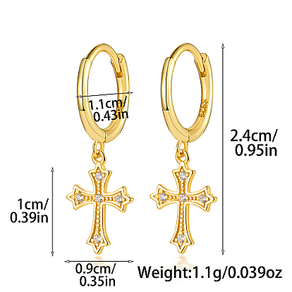 925 Sterling Silver Micro Pave Cubic Zirconia Dangle Hoop Earrings, Cross, with 925 Stamp