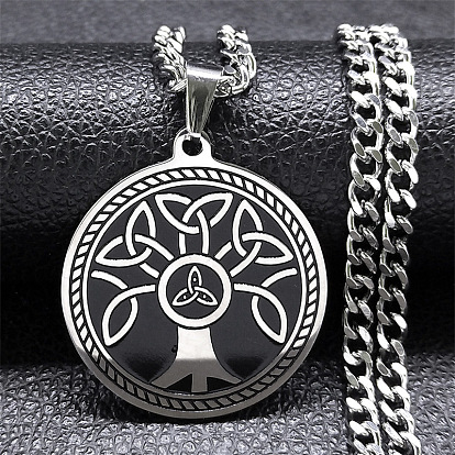 201 pendentifs en acier inoxydable, rond plat avec arbre de vie et noeud triquetra/trinité