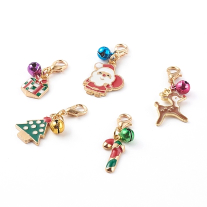 Christmas Theme Light Gold Alloy Enamel Pendants, with Lobster Claw Clasps and Bell Charms, Christmas Gift & Candy Cane & Santa Claus & Deer & Tree