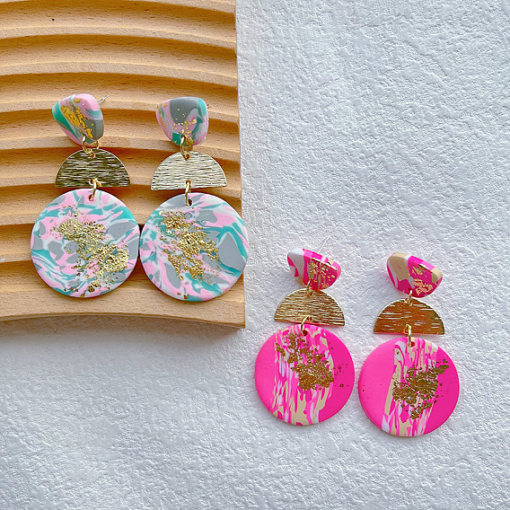 Серьги-гвоздики из полимерной глины и сплава, плоский круглый с полукругом, золотые