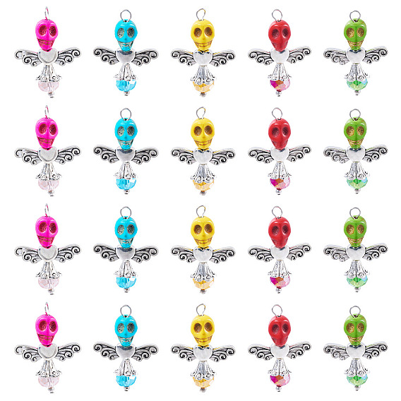 Skull Angel Synthetic Turquoise & Glass Pendants, with Alloy Findings