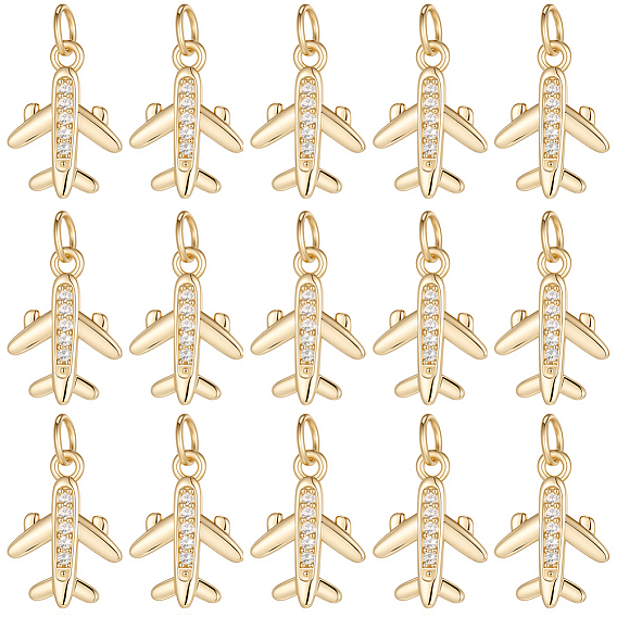 20 pcs rack placage laiton micro pavé clair pendentifs en zircone cubique, avion, plaqué longue durée, avec des anneaux de saut, sans plomb et sans cadmium