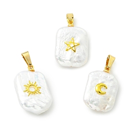 3 шт. 3 стили подвески из натурального барочного жемчуга кеши, Прямоугольные подвески с латунным фрагментом солнца, луны и звезды., белые